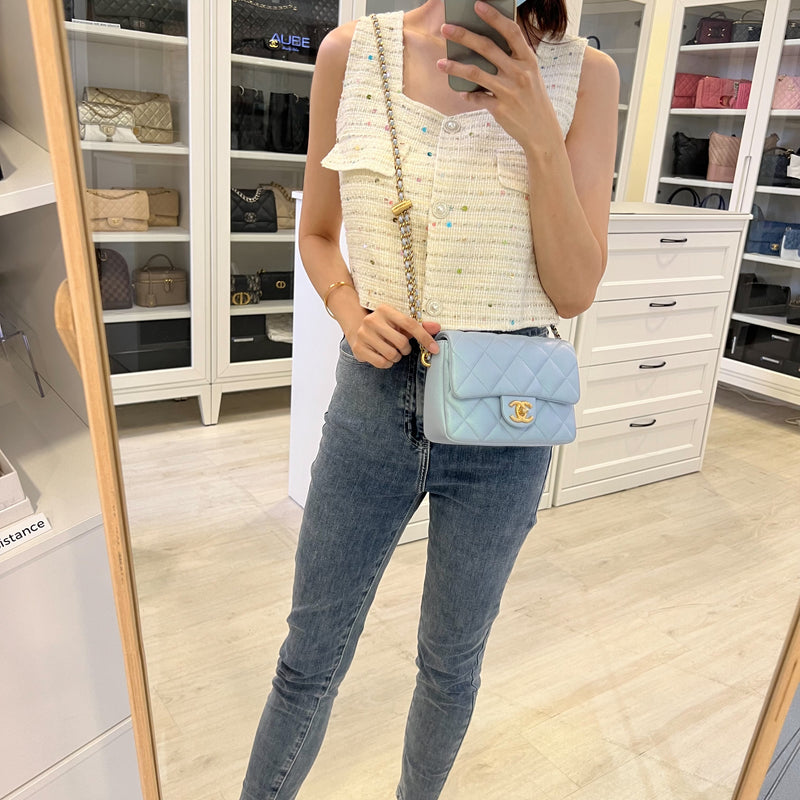 Chanel 21K Perfect Mini Square Adjustable Chain Flap in Iridescent Light Blue Caviar and AGHW