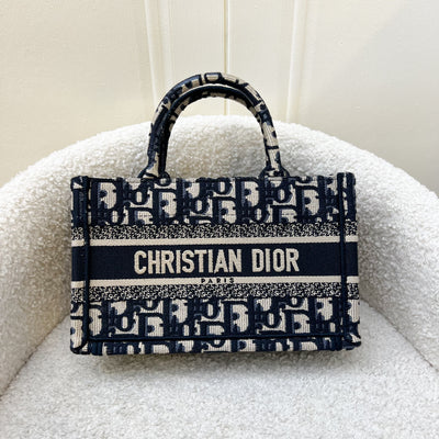 Dior Mini Book Tote with Strap in Dark Blue Dior Oblique Embroidery Canvas