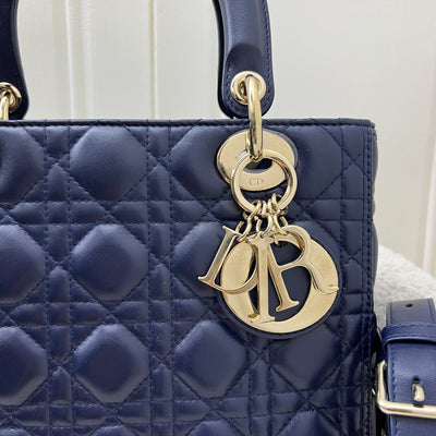 Dior Medium Lady Dior in Navy Lambskin and LGHW (Newer Version with Adjustable Strap)