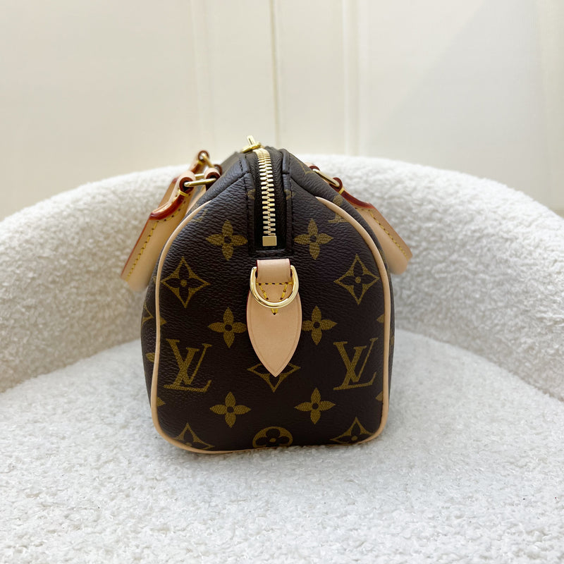 LV Speedy Bandouliere 20 in Monogram Canvas and Beige Patterned Strap