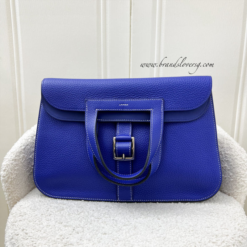 Hermes Halzan 31 in Bleu Electrique Clemence Leather and PHW Brands Lover