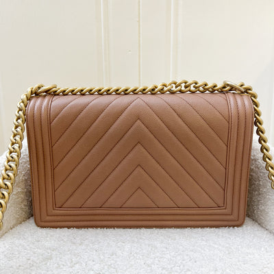 Chanel Large (New Medium) 28cm Boy Flap in 18C Chevron Quilted Beige Caviar and AGHW