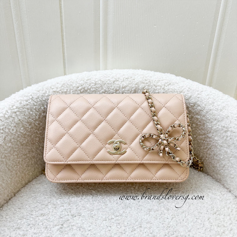 Chanel 23S Ribbon Chain Wallet on Chain WOC in Beige Caviar LGHW