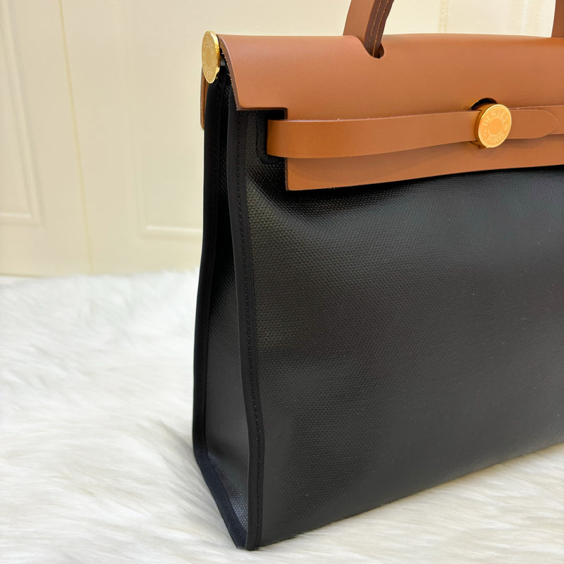 Hermes Herbag Zip 31 in Noir and Ecru / Noir Canvas, Fauve Leather and GHW