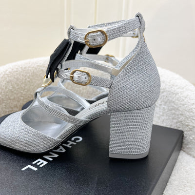 Chanel Mary Jane Chunky Heels in Silver Fabric and Black Grosgrain Sz 38