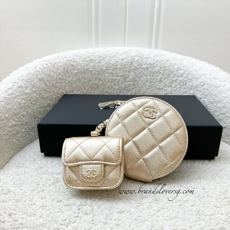 Chanel 2024 VIP Gift Round Pouch and Airpods Holder Bag Charm in Metallic Gold Lambskin and LGHW