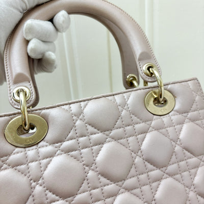 Dior Medium Lady Dior in Lotus Pearly Pink Lambskin LGHW (New version with Adjustable Strap)