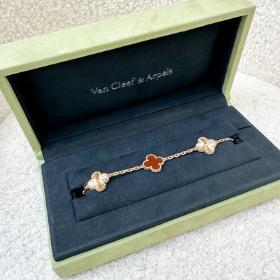 Van Cleef & Arpels VCA Vintage Alhambra 5 Motifs Guilloché Bracelet with Carnelian in 18K Rose Gold