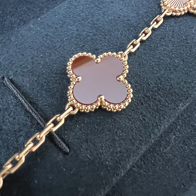 Van Cleef & Arpels VCA Vintage Alhambra 5 Motifs Guilloché Bracelet with Carnelian in 18K Rose Gold (Shortened, with Extra Links)