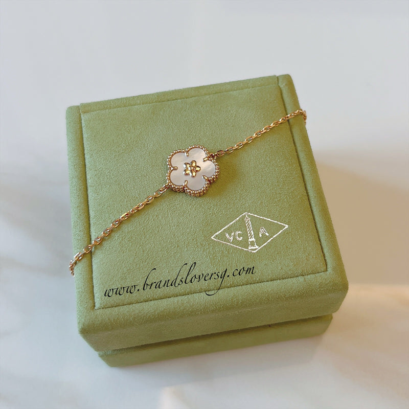 Van Cleef & Arpels VCA Lucky Spring Plum Blossom Bracelet with White Mother of Pearl MOP in 18K Rose Gold (Ref: VCARP9V900)