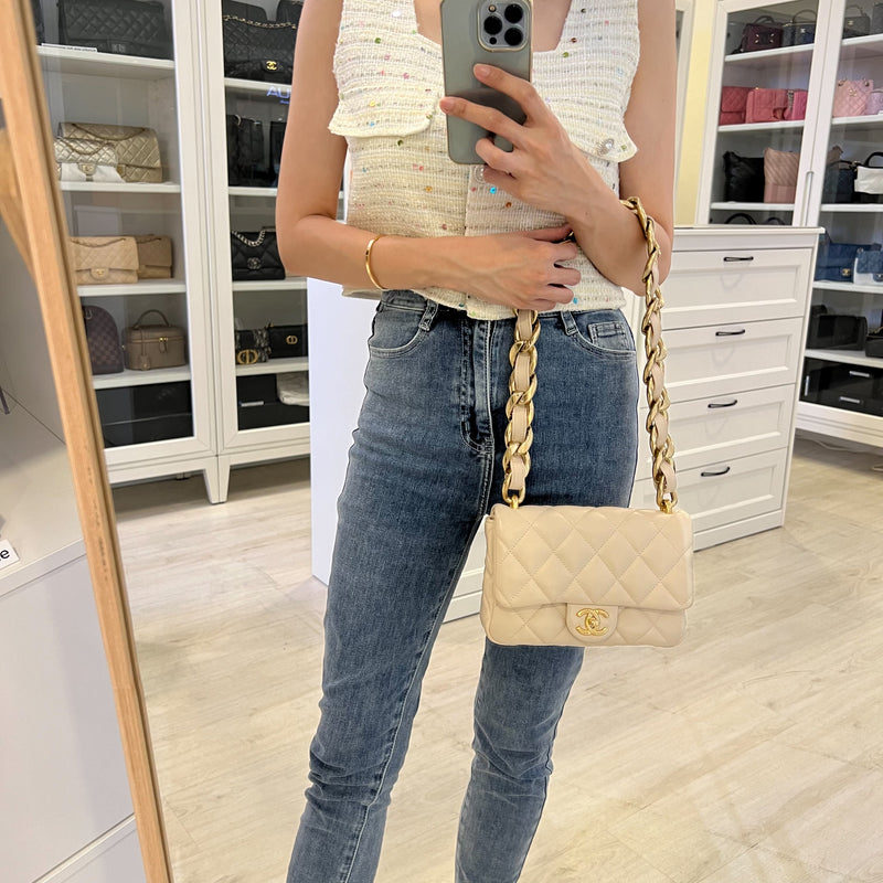 Chanel Seasonal Small Funky Chain Flap Bag in Light Beige Lambskin and GHW