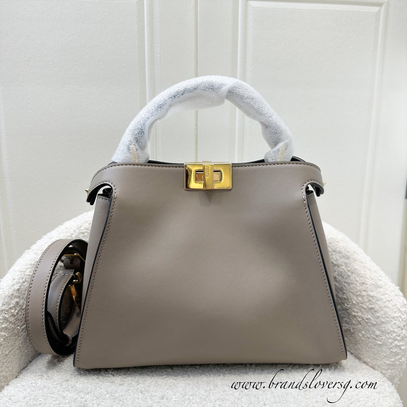 Fendi Peekaboo Iconic Essentially Leather Top handle Bag in Grey / Taupe Calfskin and GHW