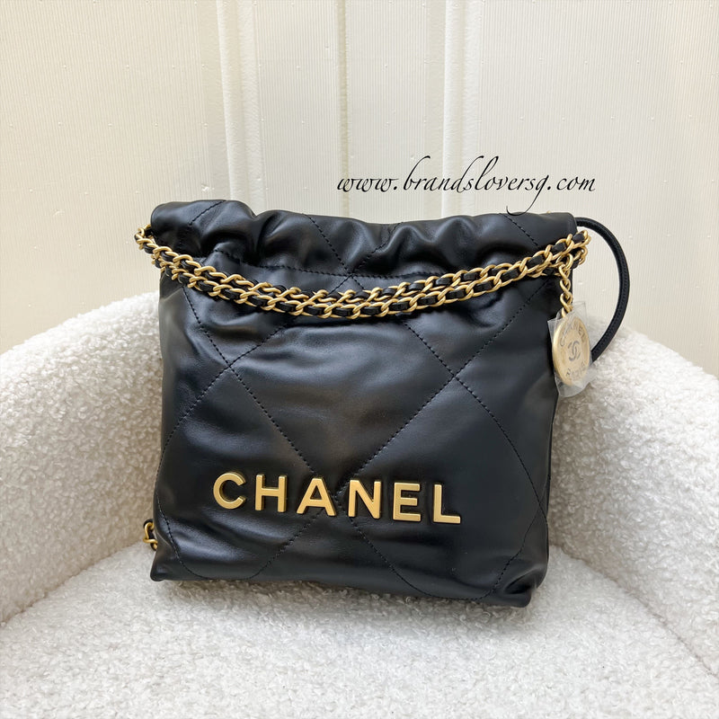 Chanel 22 Mini Hobo Handbag in Black Shiny Calfskin and AGHW