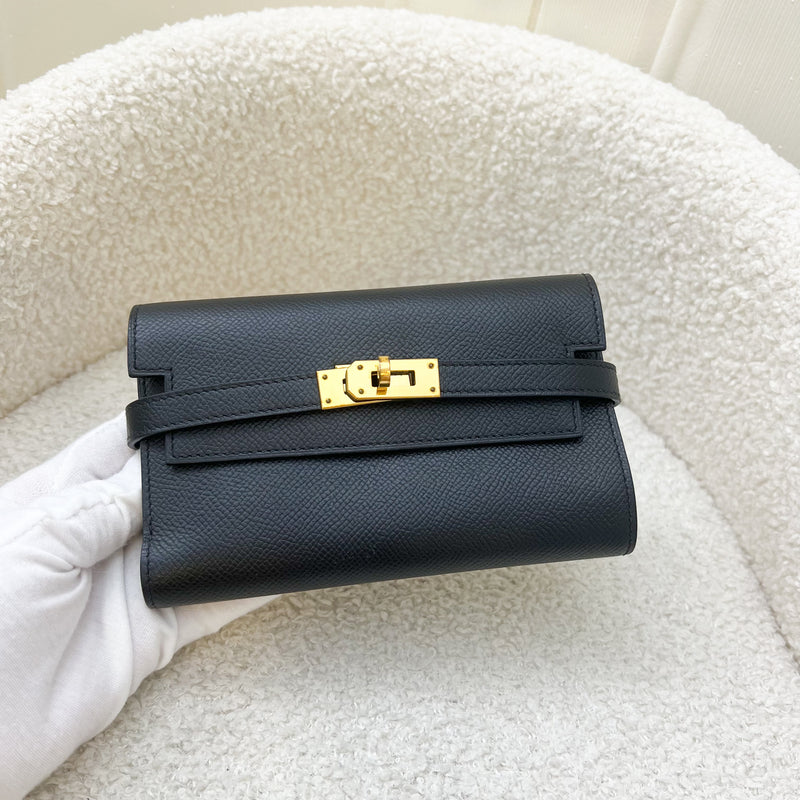 Hermes Portefeuille Kelly Depliant Wallet in Black Epsom Leather and GHW