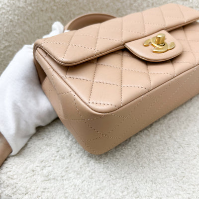 Chanel Top Handle Mini Rectangle Flap in 21A Rose Beige Lambskin in AGHW