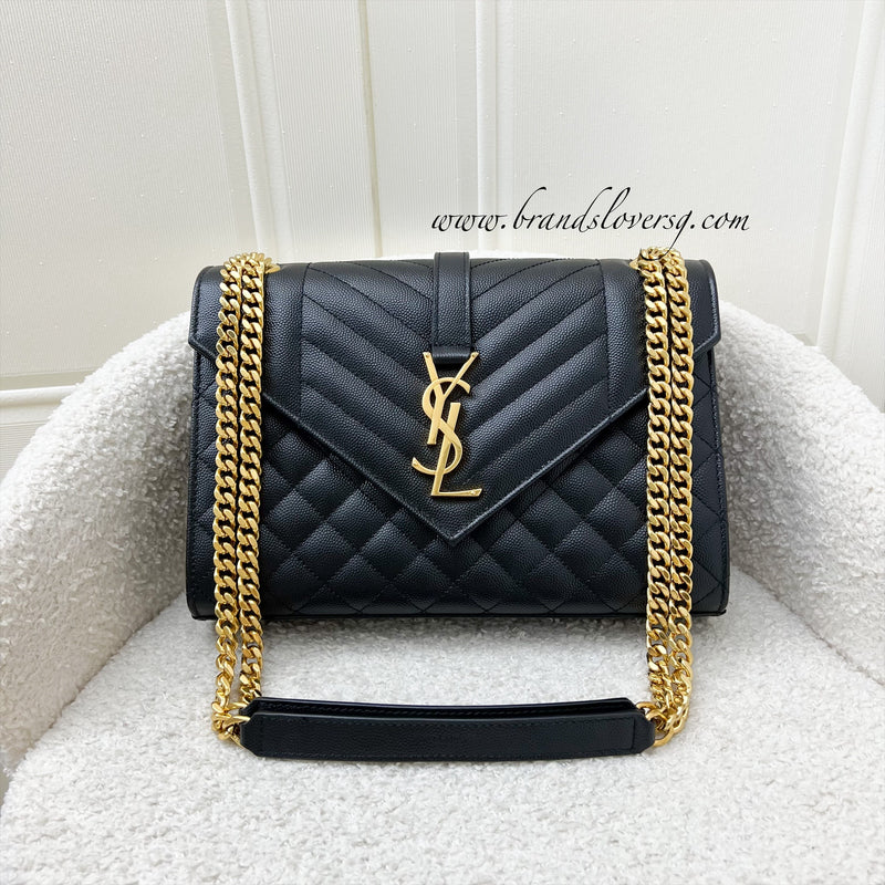 Saint Laurent YSL Medium Envelope Bag in Black Grained Leather and GHW