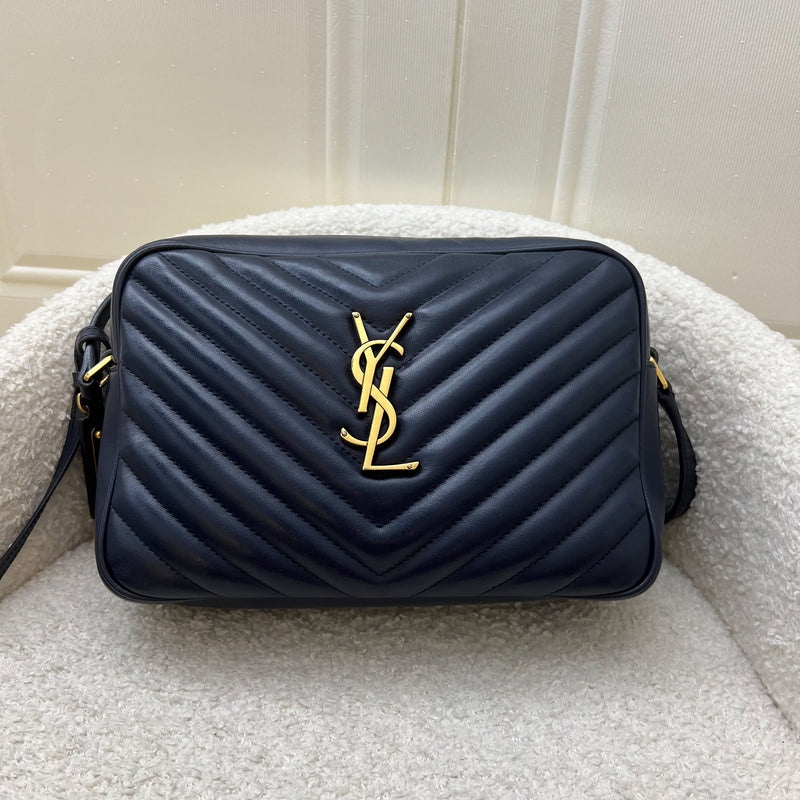 Saint Laurent YSL Lou Camera Bag in Chevron Quilted Navy Calfskin and GHW