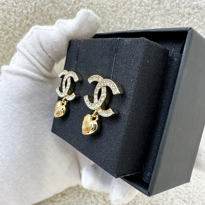 Chanel 23P Heart Dangling Earrings with Crystals in GHW