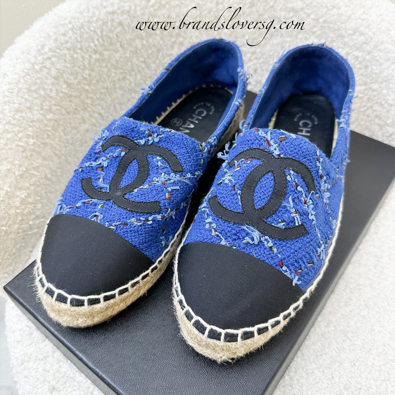 Chanel Espadrilles in Blue Tweed and Black Gosgrain Sz 37