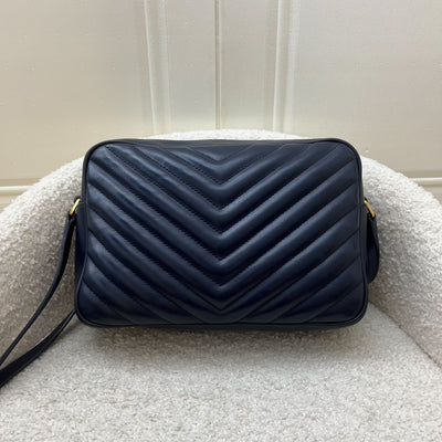 Saint Laurent YSL Lou Camera Bag in Chevron Quilted Navy Calfskin and GHW