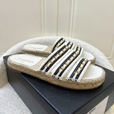 Chanel 20P Espadrille Slides / Sandals in Black and White Leather with GHW