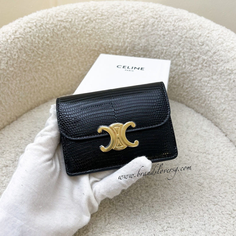 Celine Triomphe Card Holder in Black Monitor Lizard Skin and GHW