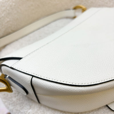 Dior Medium Saddle Bag in White Grained Calfskin and AGHW + Guitar Strap