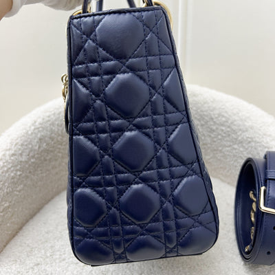 Dior Medium Lady Dior in Navy Lambskin and LGHW (Newer Version with Adjustable Strap)