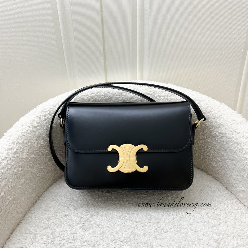 Celine Teen Triomphe Flap Bag in Black Shiny Calfskin and GHW