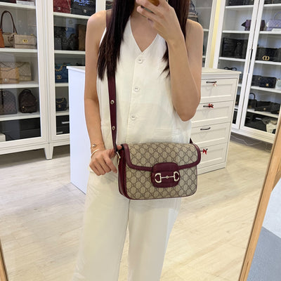 Gucci Horsebit 1955 Soft Medium Shoulder Bag in Coated Canvas, Burgundy Leather and LGHW