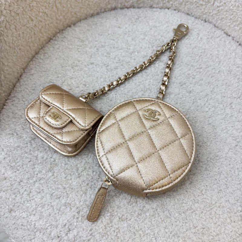 Chanel 2024 VIP Gift Round Pouch and Airpods Holder Bag Charm in Metallic Gold Lambskin and LGHW