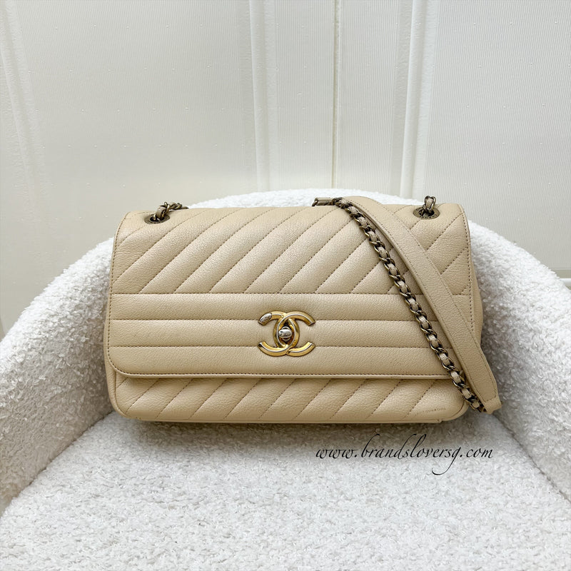 Chanel Seasonal Medium Flap in Diagonal Quilted Beige Grained Calfskin and AGHW