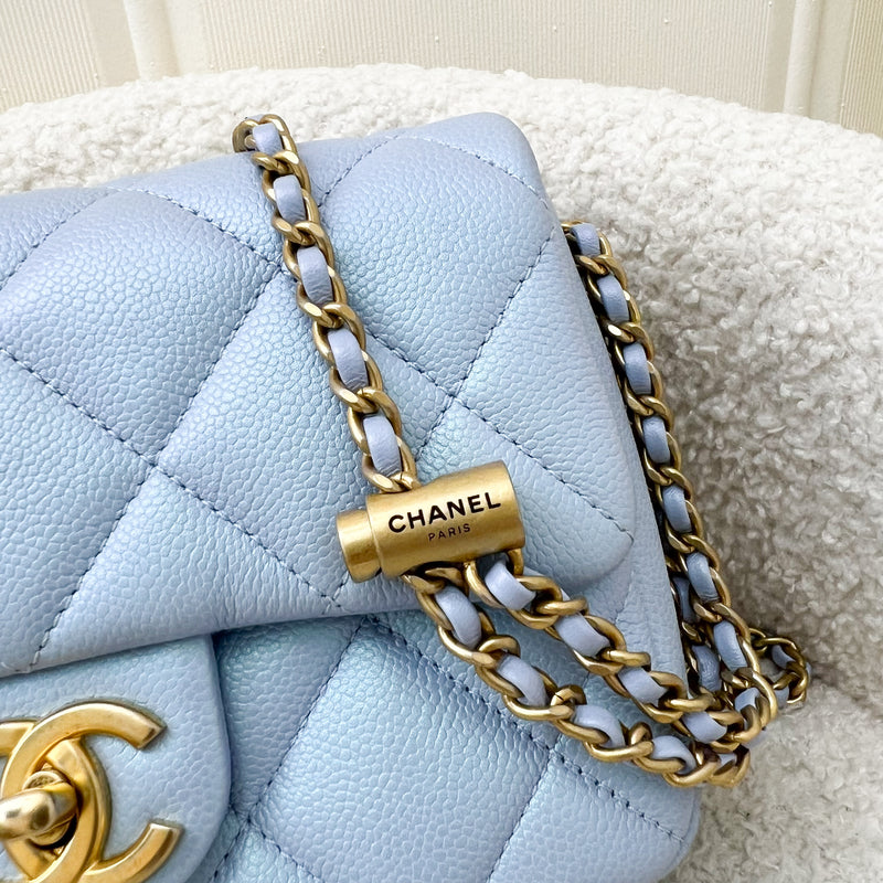 Chanel 21K Perfect Mini Square Adjustable Chain Flap in Iridescent Light Blue Caviar and AGHW