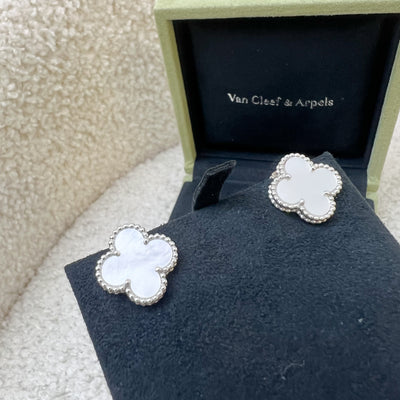 Van Cleef & Arpels VCA Vintage Alhambra Ear Studs with Mother of Pearl MOP in 18K White Gold