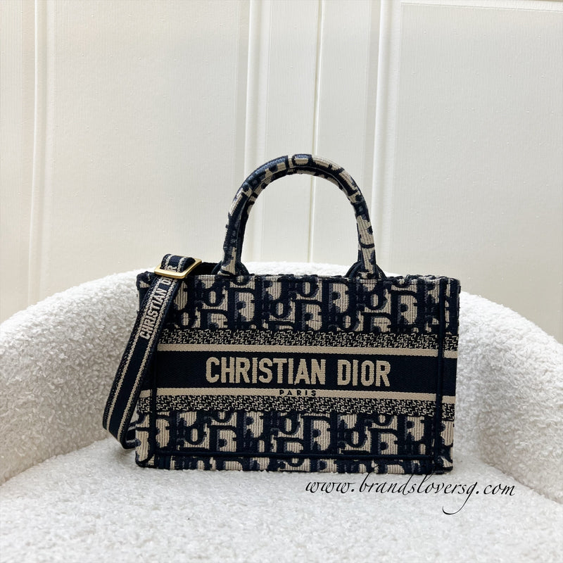 Dior Mini Book Tote with Strap in Dark Blue Dior Oblique Embroidery Canvas