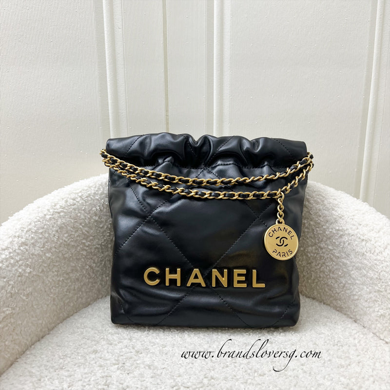 Chanel 22 Mini Hobo Handbag in Black Shiny Calfskin and AGHW