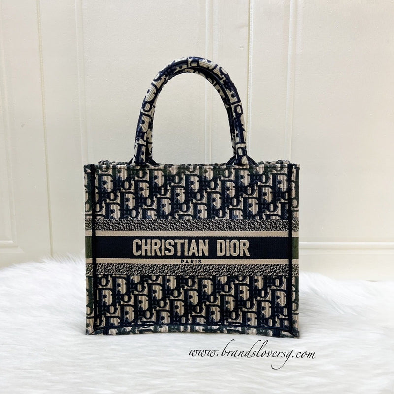 Dior Small Book Tote in Ecru and Blue Dior Oblique Embroidery Canvas