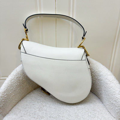 Dior Medium Saddle Bag in White Grained Calfskin and AGHW + Guitar Strap