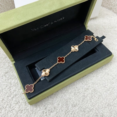 Van Cleef & Arpels VCA Vintage Alhambra 5 Motifs Guilloché Bracelet with Carnelian in 18K Rose Gold (Shortened, with Extra Links)