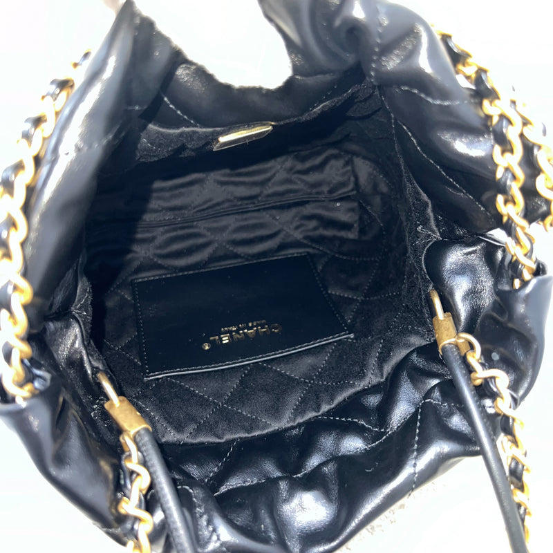 Chanel 22 Mini Hobo Handbag in Black Shiny Calfskin and AGHW