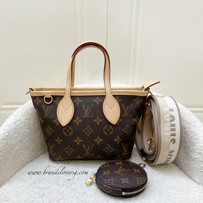 LV Neverfull BB in Monogram Canvas and Beige Patterned Strap