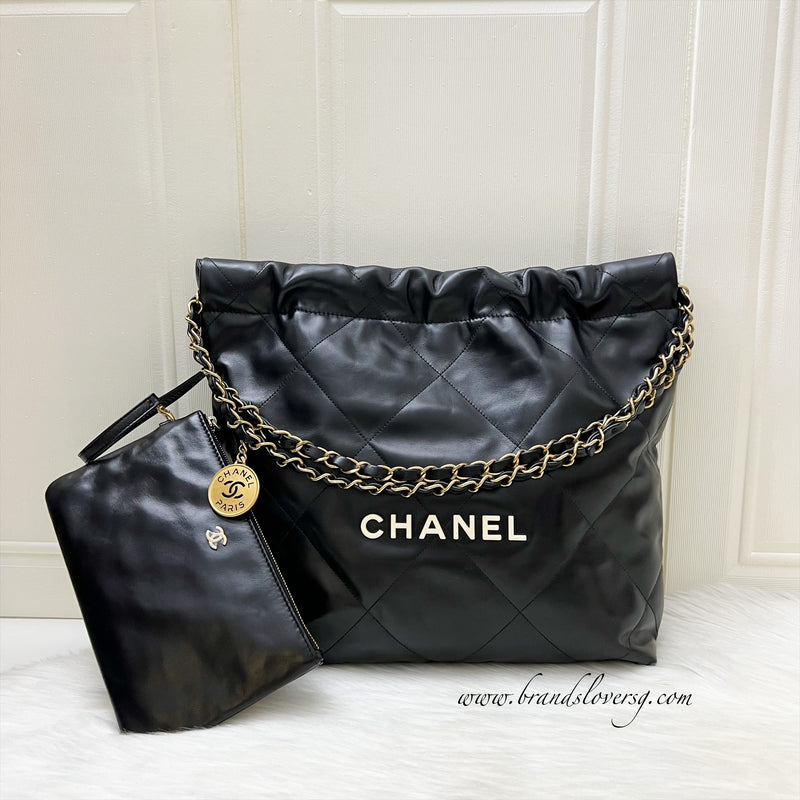 Chanel 22 Small Hobo Bag with White Logo in Black Shiny Calfskin and GHW