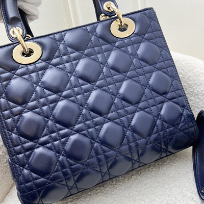 Dior Medium Lady Dior in Navy Lambskin and LGHW (Newer Version with Adjustable Strap)