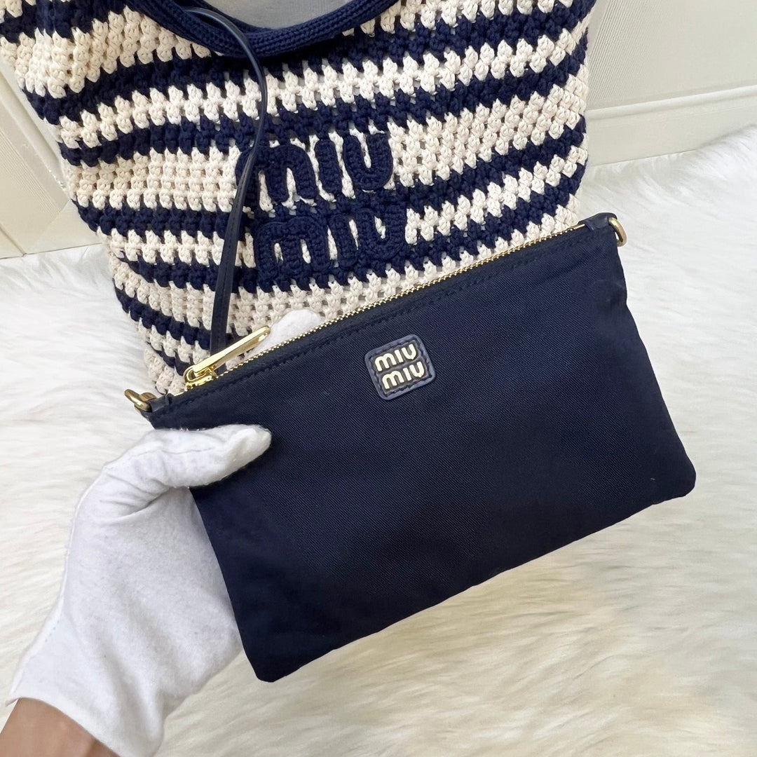 Miu Miu Ivy Striped Crochet Tote Bag in Blue and White