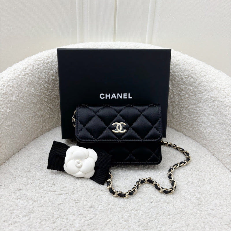 Chanel 23K Micro Clutch / Card Holder on Chain in Black Satin and LGHW