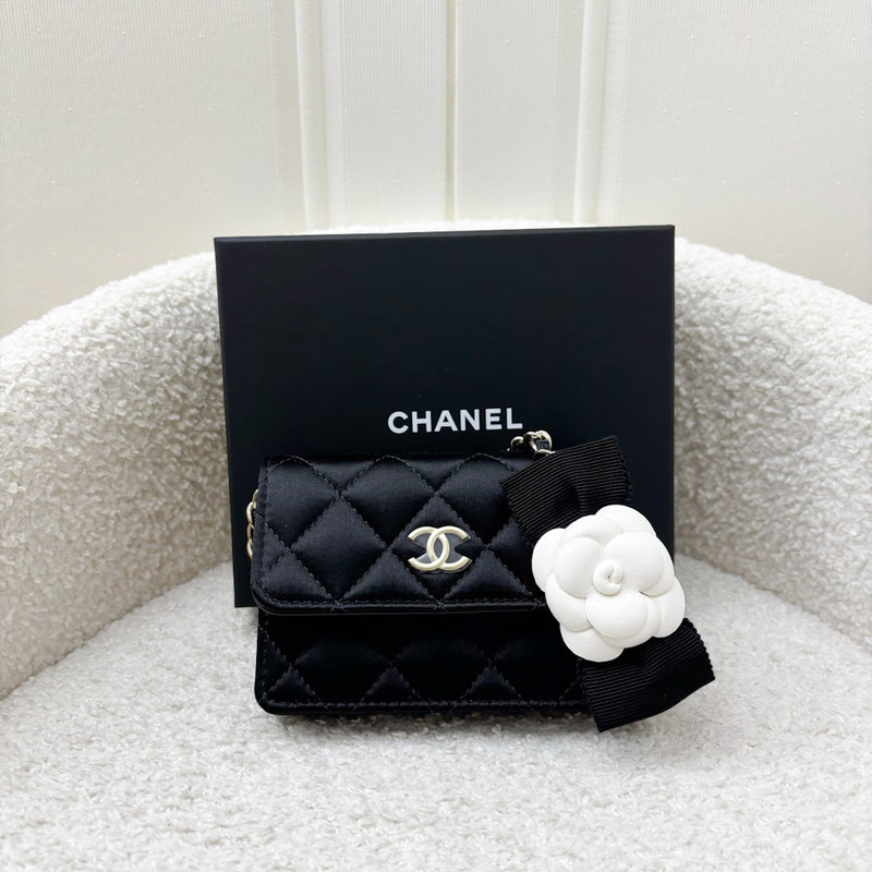 Chanel 23K Micro Clutch / Card Holder on Chain in Black Satin and LGHW