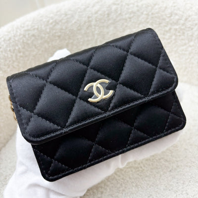 Chanel 23K Micro Clutch / Card Holder on Chain in Black Satin and LGHW