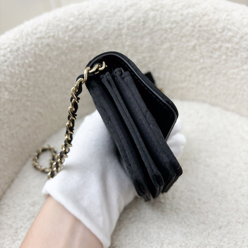 Chanel 23K Micro Clutch / Card Holder on Chain in Black Satin and LGHW