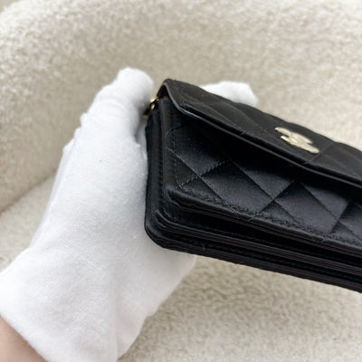 Chanel 23K Micro Clutch / Card Holder on Chain in Black Satin and LGHW