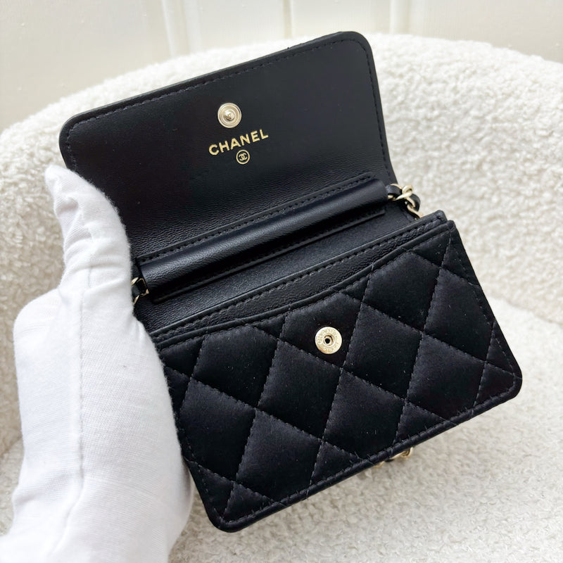 Chanel 23K Micro Clutch / Card Holder on Chain in Black Satin and LGHW